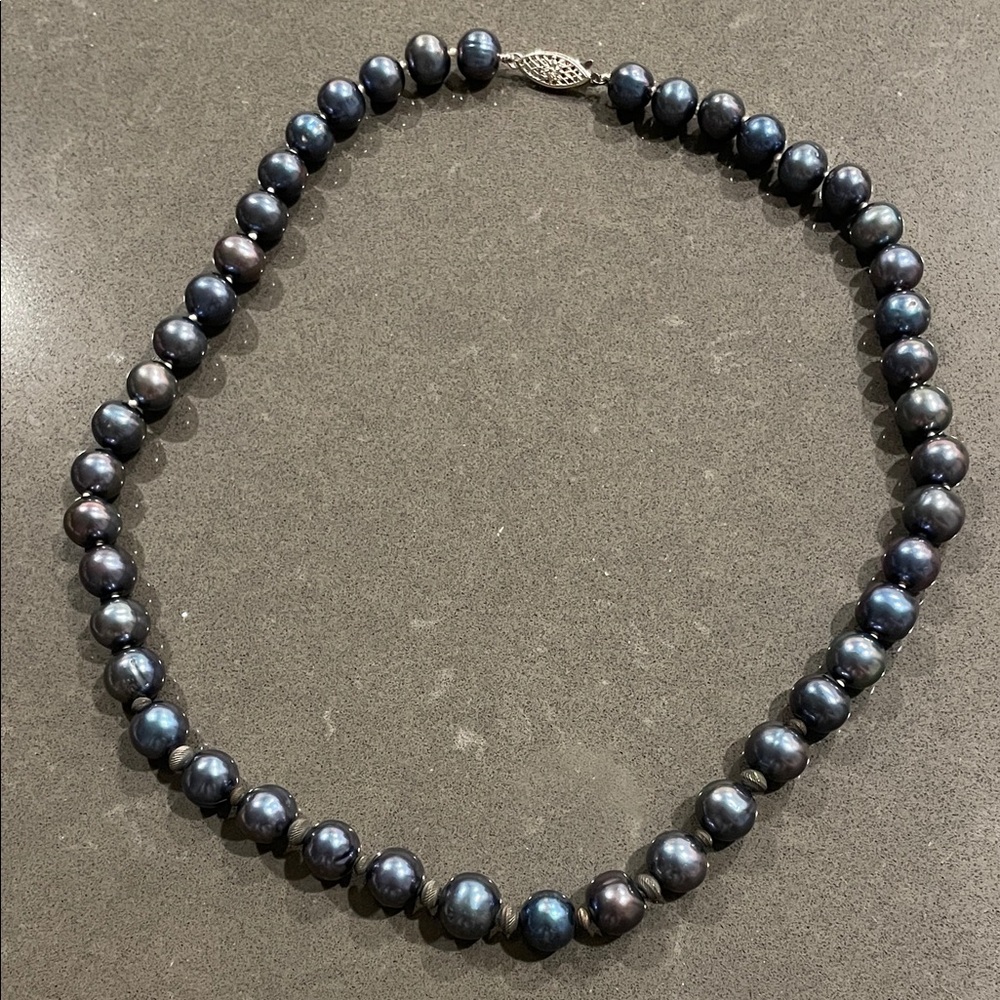 Blue Gray Pearl Necklace with 925 Silver Fish Hook Clasp - Picture 5 of 17